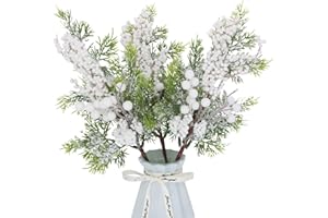 SPWOLFRT Artificial Berry Picks, 3Pcs Christmas White Berry Picks and Spray Artificail Snow Seqiuns Glitter Holly Berry Picks Christmas Tree Pciks for Winter Holiday Garland Floral Arrangement (3, White)