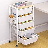 Rolling Cart with Drawers, Rolling Storage Cart with 5 Large Plastic Drawers & Wooden Tabletop, Utility Cart with Pegboards & Basket, Storage Drawers Cart for Living Room, Classroom, Bedroom, Office