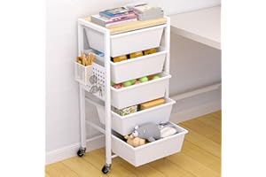 NEATEVDAY Rolling Cart with Drawers, Rolling Storage Cart with 5 Large Plastic Drawers & Wooden Tabletop, Utility Cart with Pegboards & Basket, Storage Drawers Cart for Living Room, Classroom, Bedroom, Office
