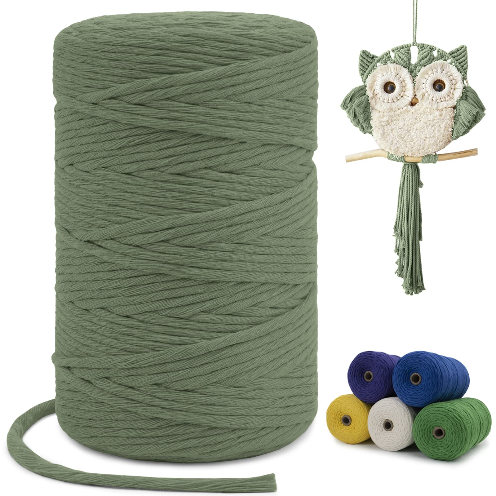 LEREATI Macrame Cord 3mm x 200m, Single Strand Thick Macrame Rope Yarn Natural Cotton Cord, Craft Macrame String for Plant Hanger, Wall Hanging, Knitting, DIY, Home Decorations (Army Green)