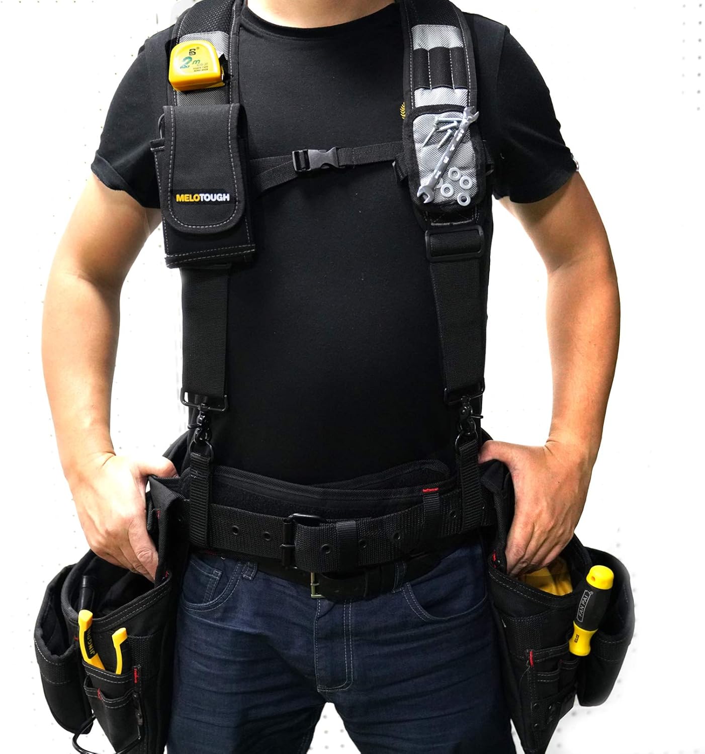 Melo Tough Magnetic Suspenders Tool Belt Suspenders with Large Moveable Phone Holder, Pencil Holder, Adjustable Size Padded Suspenders (Grey): Clothing