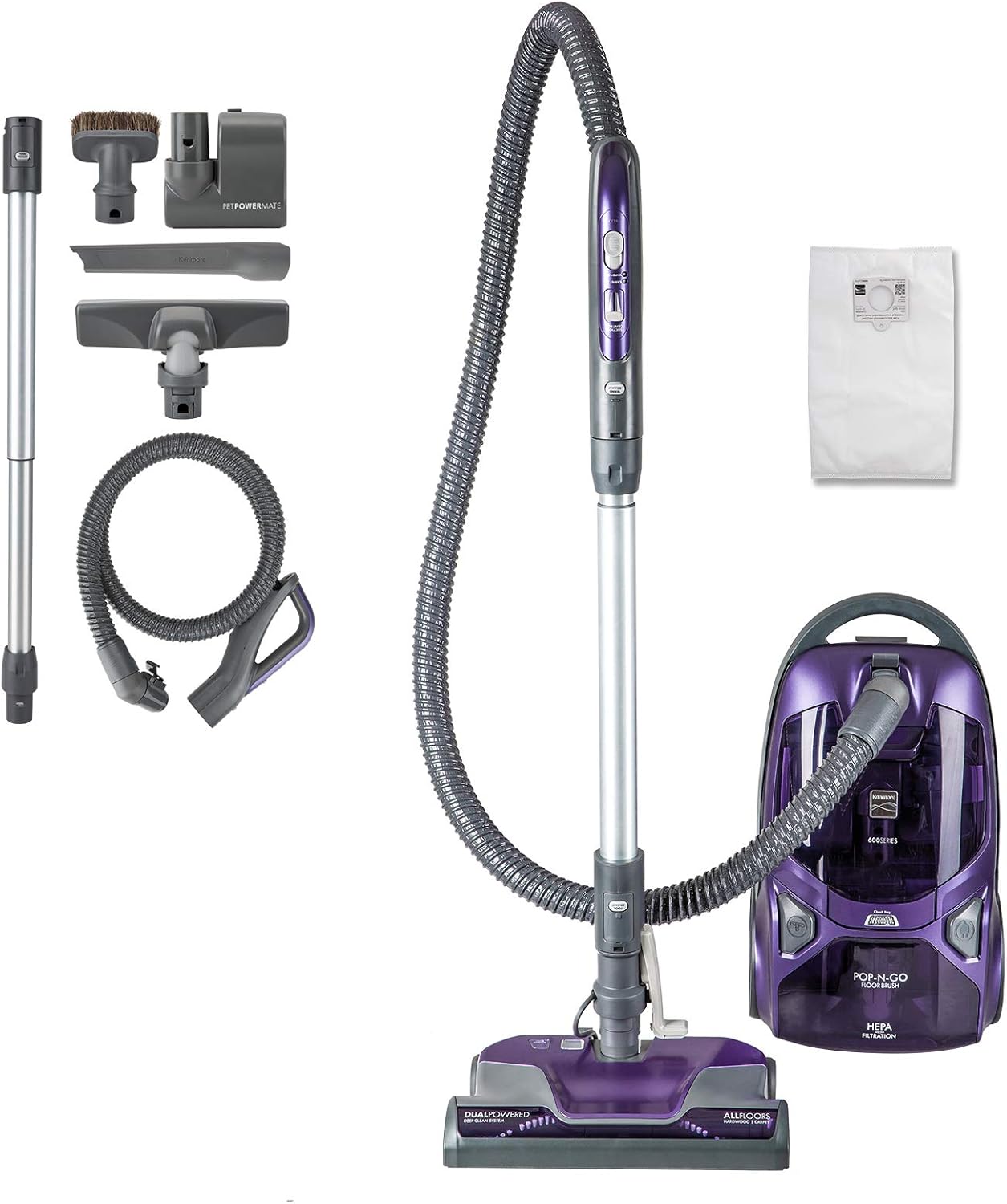 Kenmore 81615 600 Series Pet Friendly Lightweight Bagged Canister Vacuum with Pet PowerMate, Pop-N-Go Brush, 2 Motors, HEPA Filter, Aluminum Telescoping Wand, Retractable Cord and 4 Cleaning Tools -