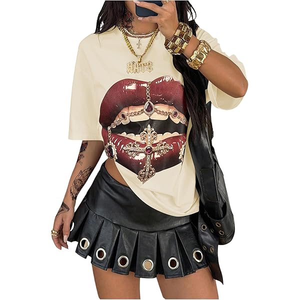 Amazon.com: Char's Graphic tee with y2k lip print T-Shirt Amazon.com: Char's Graphic tee with y2k lip print T-Shirt