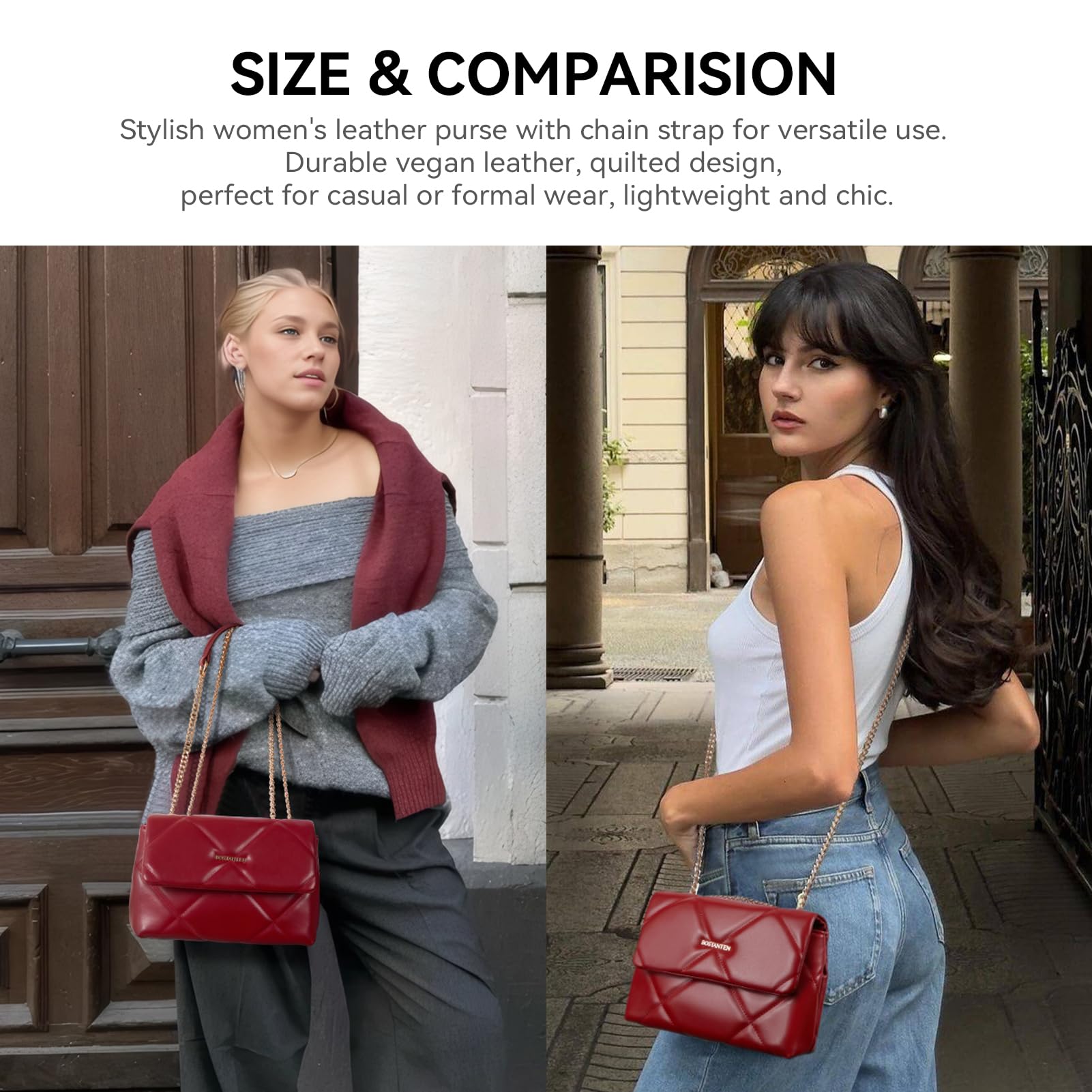 BOSTANTEN Shoulder Bag for Women Small Purse Vegan Leather Quilted Crossbody Bags With Chain Trendy Ladies Handbags