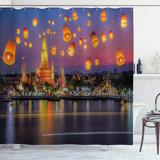Amazon Com Ambesonne Lantern Shower Curtain Wat Arun Building Thailand Bangkok Coastline People Wishing Positive Asian Culture Cloth Fabric Bathroom Decor Set With Hooks 84 Long Extra Multicolor Home Kitchen