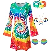 DANBAIEGG Girls Kids 60s 70s Hippie Costume Dresses Disco Outfits Party Clothes with Necklace Earrings Sunglass
