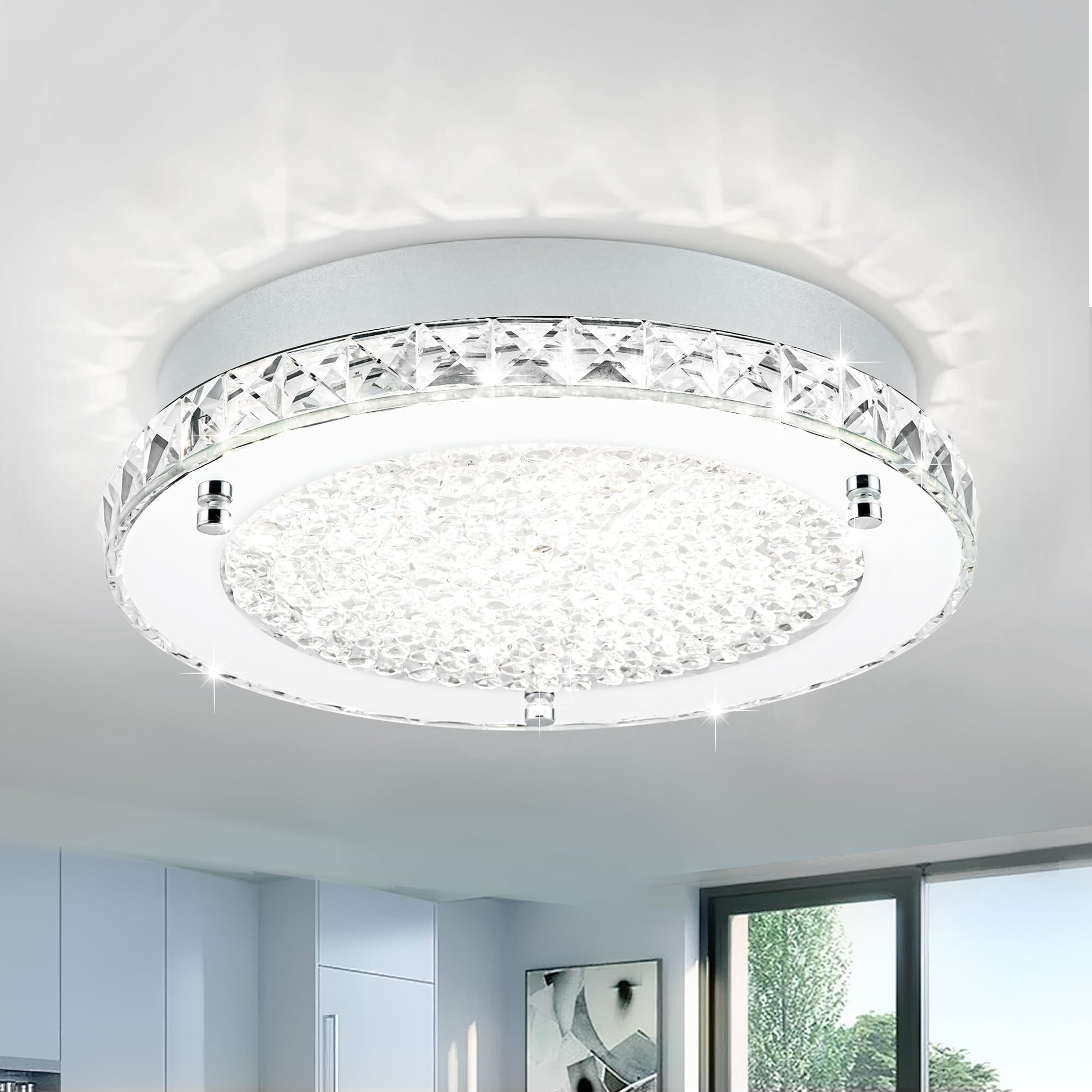 Photo 1 of Lzawvm Crystal Ceiling Light Flush Mount 18W LED Ceiling Light 3 Color Change and Stepless Dimmable Ceiling Lamp for Dining Room, Hallway, Closet, Foyer, Dia 11 Inch