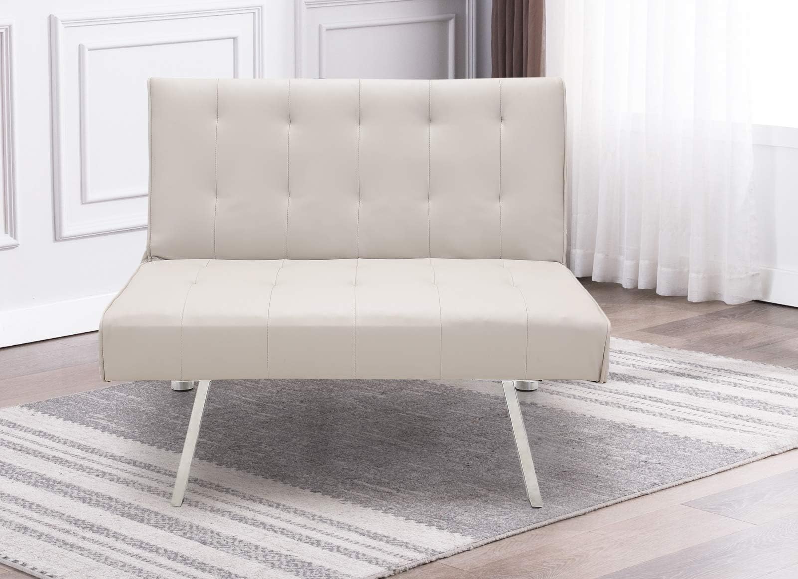 EBELLO Faux Leather Folding Sofa Chair Single Futon Sofa Couch, Modern Style Small Futons, Convertible Living Room Single Sofa, Light Grey
