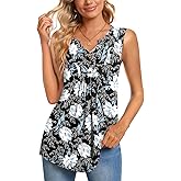 CATHY Womens Summer Sleeveless Tank Top V Neck Button Blouse Casual Pleated Basic Henley Shirts