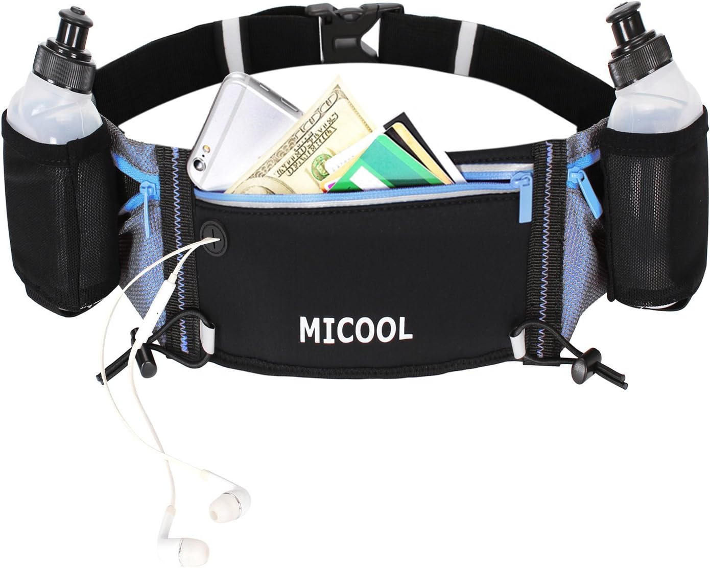 Running Belt / Micool Hydration Running Waist Belt / Runner Belt / Fitness Belt - Fits iPhone 6 / 6S / SE / Plus / Samsung Edge / Note / Galaxy - with 2 Water Bottle Pockets (Bottles included)