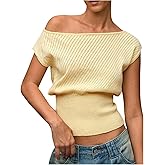 Verdusa Women's Going Out Tops Off The Shoulder Lightweight Sweater Cap Sleeve Cinched Waist Crop Top Yellow Small