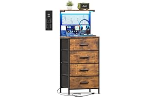 EKNKOZY Nightstand 4 Drawer Dresser with LED Lights, Charging Station, Mesh Shelf with Hooks, Vertical Side Table with Fabric Drawers, End Table, Tall Dresser for Bedroom, Entryway, Rustic Brown