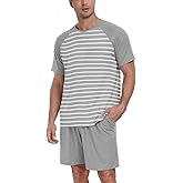 PrinStory Men‘s Pajama Set Summer Pjs Sleepwear Nightwear Lightweight Quick Dry Soft Stripe Sleep Set With Pocket S-2XL