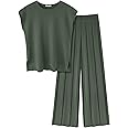 Ekouaer Lounge Sets for Women Two Piece Outfits Knit Cap Sleeve Tops Wide Leg Pleated Pants Casual Dressy Sweater Sets