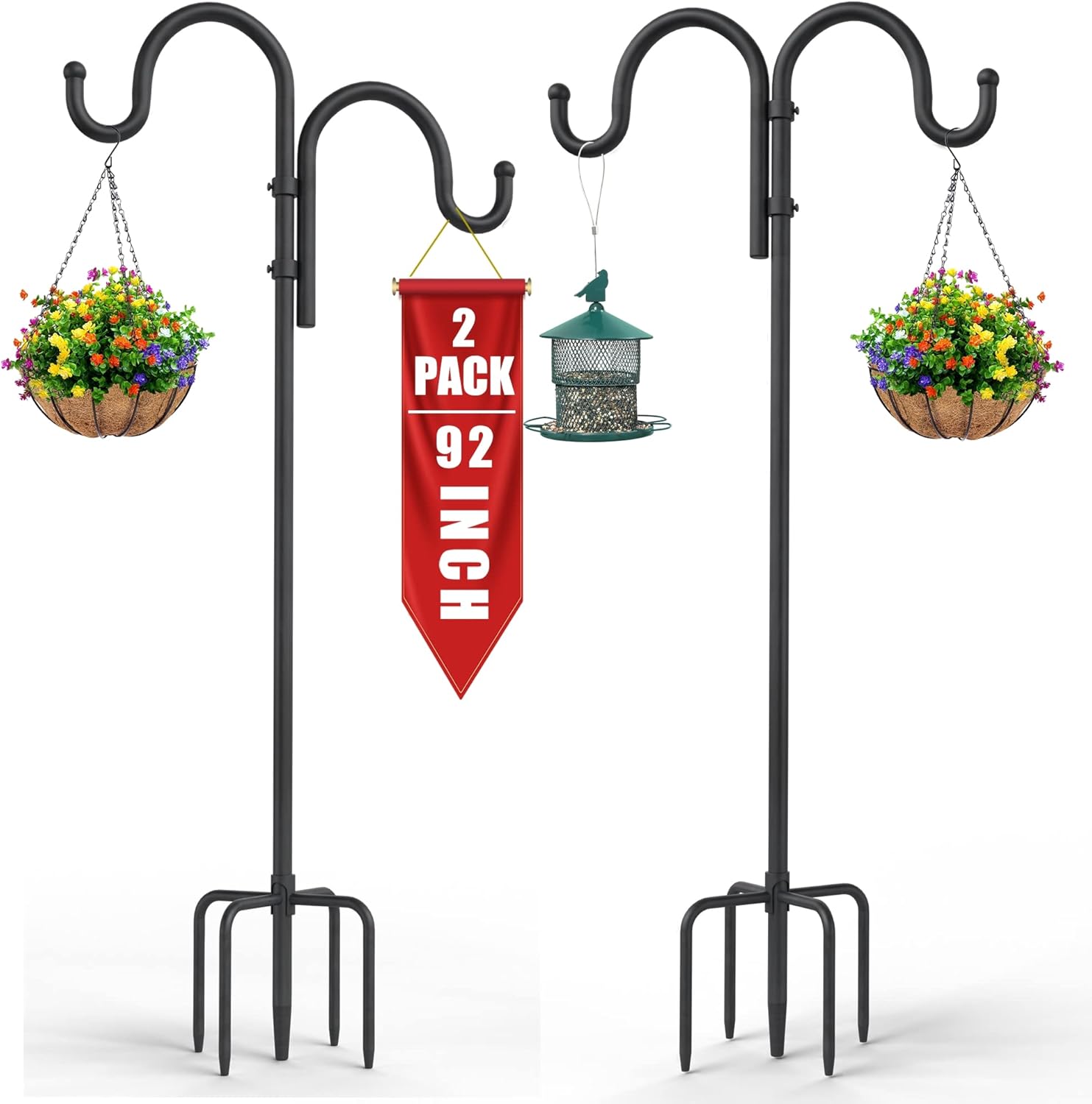 Outdoor Shepherd's Hooks - 2PCS 92 Inch Double Shepherds Hooks for Outdoor, Adjustable 60&76&92 Inch Heavy Duty Two Sided Bird Feeder Pole with 5 Prongs Base Plant Stands for Hanging Bird Feeder Lanterns