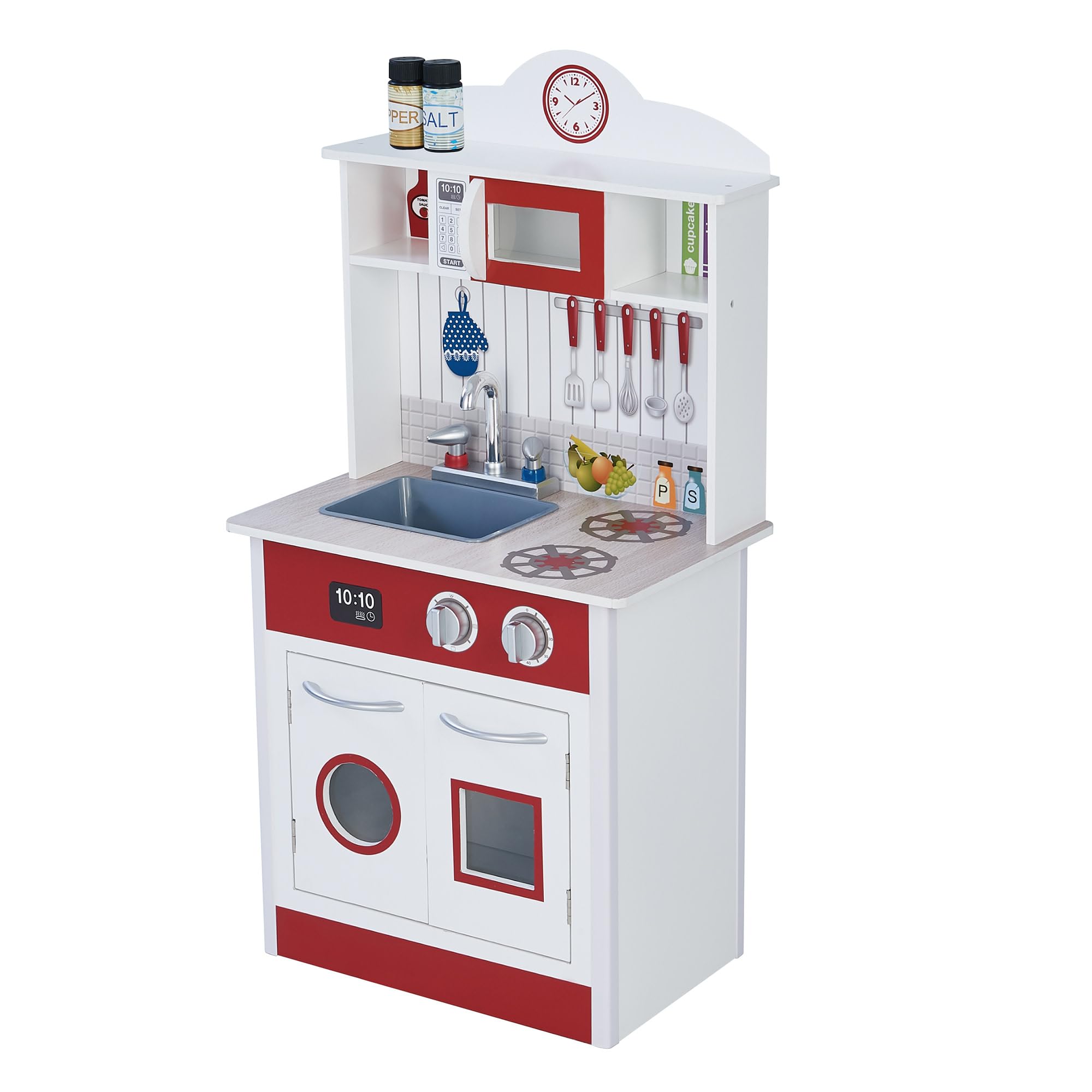 Teamson Kids Little Chef Madrid Classic Interactive Wooden Play Kitchen with Sink, Oven and Microwave and Storage Space for Easy Clean Up, White with Red Accents