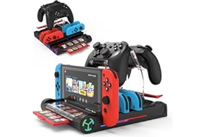 Qoroos Switch Charging Dock Station for Nintendo Switch/OLED Charging Station Joy Con Charging Dock Support Nintendo Switch Dock with 8 Card Slots, Controllers & Console Holder, RGB Light