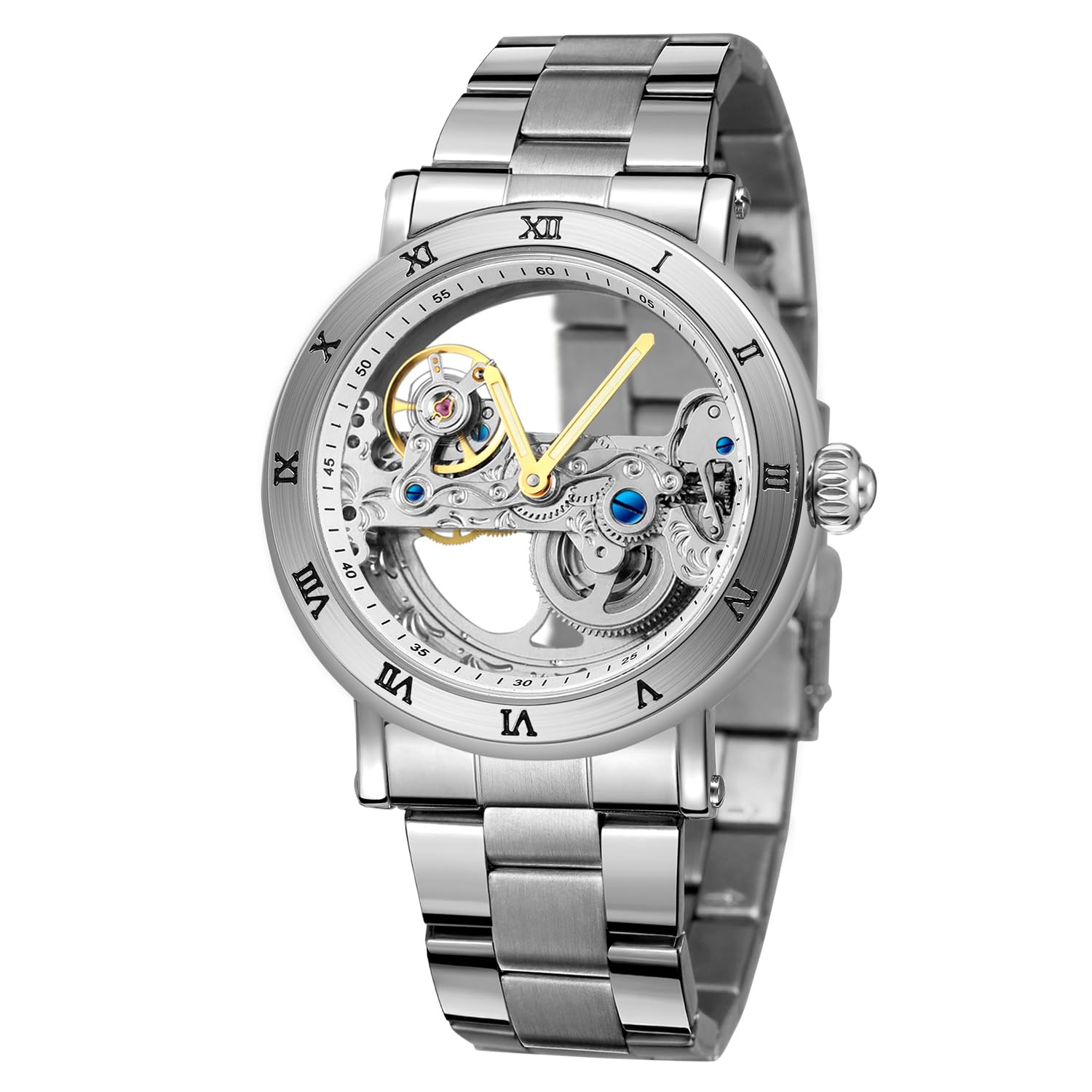 FORSINING Men's Fahionable Self-Winding Mechanical Skeleton Analog Display Wristwatch with Leather Straps (Silver and Black 2)