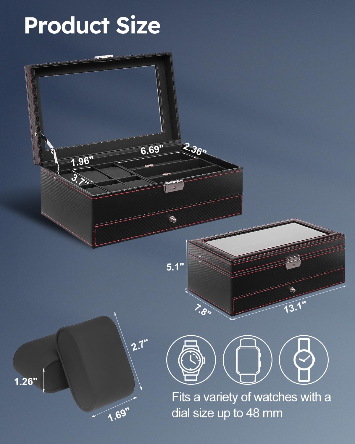 Jenseits Jenseits Watch Box for Mens Jewelry Box, 6 Slot Watch Case & 3 Slot Sunglasses Organizer, Lockable PU Leather Jewelry Organizer Watch Display Storage W/Drawer For Rings Bracelets, Gift for Men Women