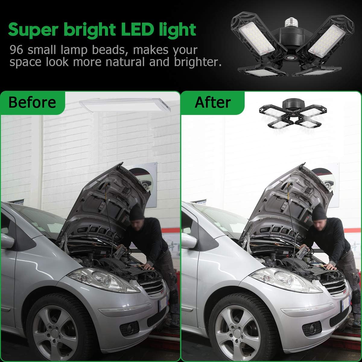Led Garage Lights, 100W Garage Lighting 12000Lm 6500K E26/E27 Daylight White Deformable Four Leaf Garage Light Ceiling Led Shop Lights Super Bright Garage Light Bulb for Workshop Barn 2 Pack - - 