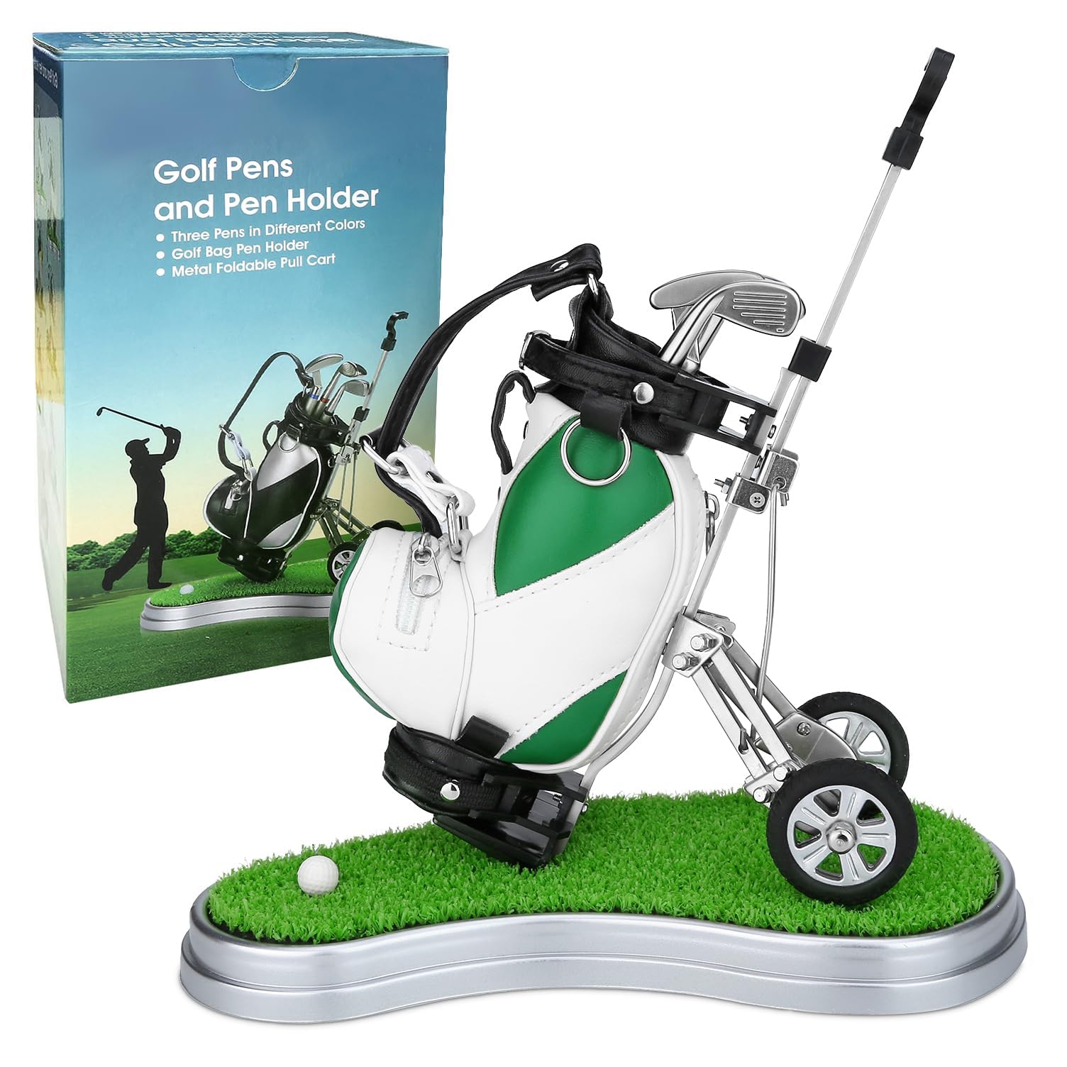 10L0L Golfbag Pen Holder with 3 Pieces Golf Club Pens Set Unique Golf Desk Decor Gifts Souvenirs for Men - Green + White