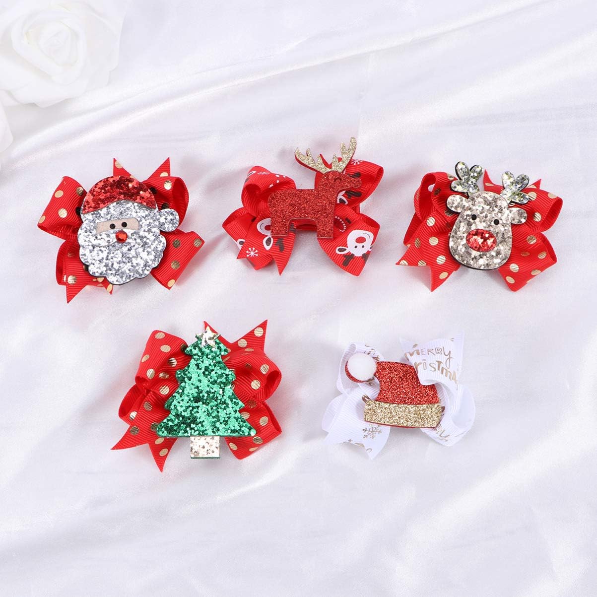 Lurrose Christmas Bow Hair Clip Elk Hairpin Sequin Hair Bow Grosgrain Clip for Girls Children Christmas Party Festival Hair Decor,5pcs - Image 3