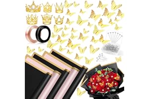 Hlmsyurx 208Pcs Flower Wrapping Bouquet Paper Kit with40 Sheets, Waterproof Floral Wrapping Paper, 6 Gold Crowns, 3 Ribbon for flower bouquet, 60 Butterflies, 100 Flower Pins, Black and Pink