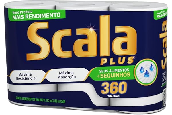 Scala Plus Papel Toalha Mega, 360 Toalhas (3 Rolos de 120 Toalhas Cada)