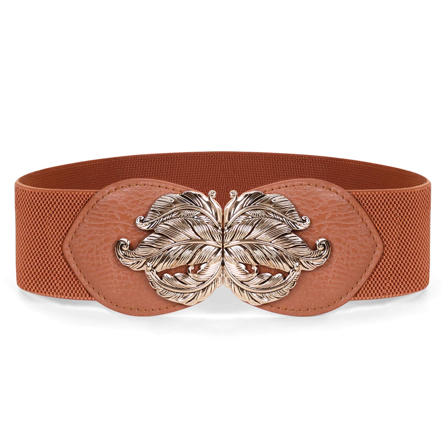 JasGood Damen Mode Breit Elastische Gürtel - Vintage Taillengürtel mit Gold Blatt Schnalle, Braun, Taille Größe 70cm-80cm
