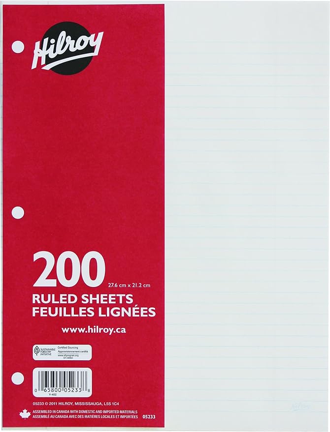 Hilroy Ruled Refill Paper, 3 Hole Punched, 107/8 X 83/8 Inches, 200