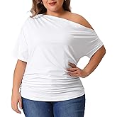 Agnes Orinda Plus Size Tops for Women One Shoulder Short Sleeve Ruched Basic Blouses Summer Tee Tops