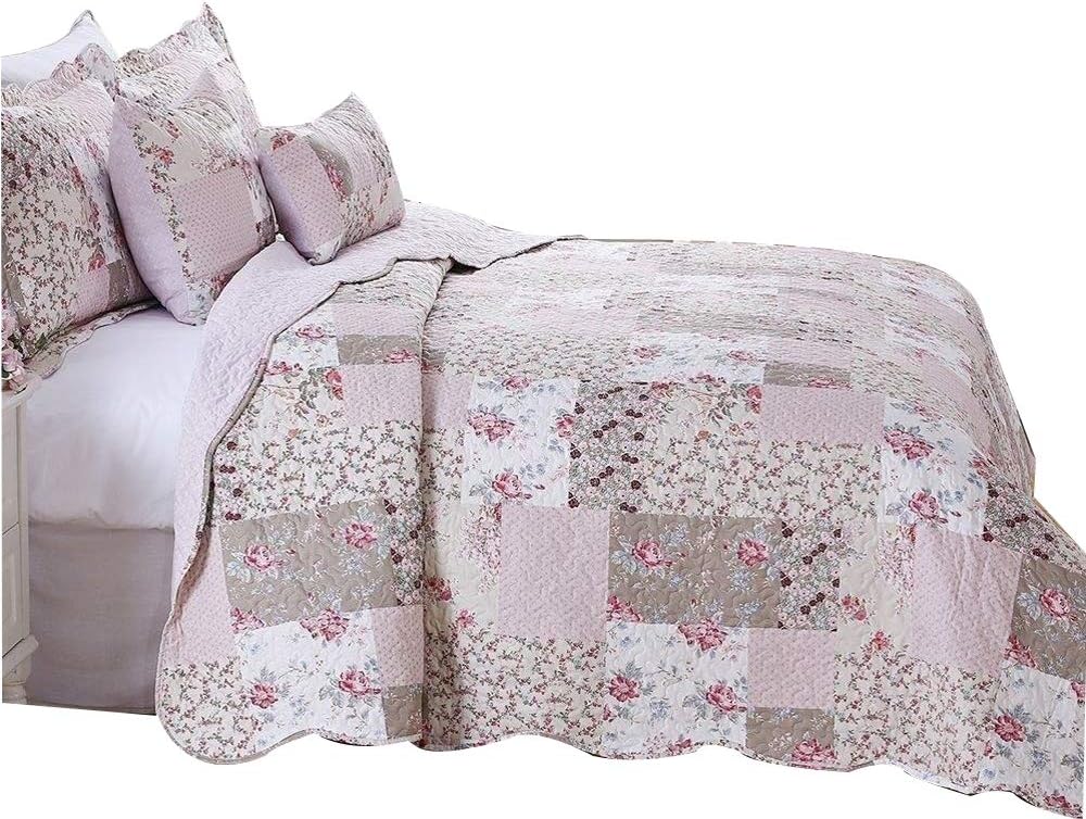 Massari Super King Zurich Stitched Printed Patchwork Quilted Bedspread/Throw With 2 Pillow Cases - Cotton Filling (Design 4)