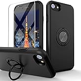 Yamink for iPhone SE 2020/2022 Case with Tempered Glass Screen Protector, Hybrid Protective Slim Fit Case with Invisible Magnetic Ring Kickstand, Black