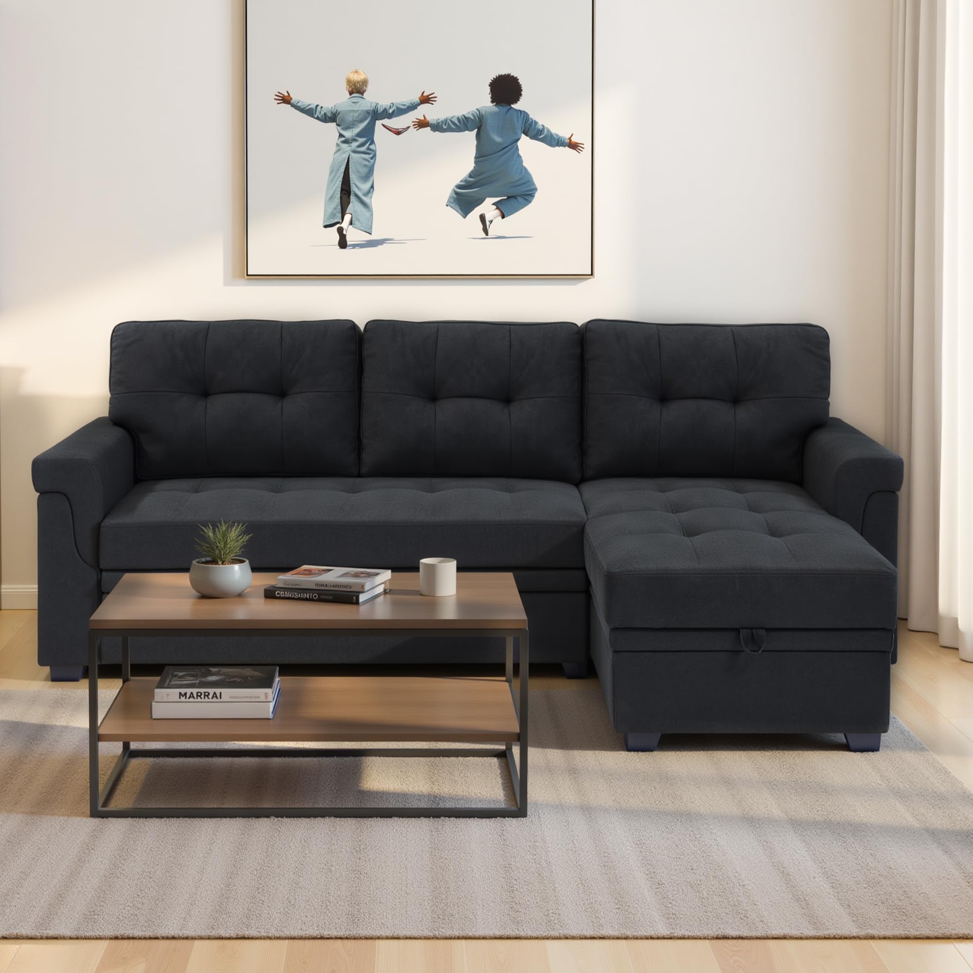 Photo 1 of ***STAINS*** Lyngins L Shaped Sleeper Sofa Bed, 86" Pull-Out Couch Bed with Storage Chaise, Linen Sectional Convertible Sofa Couches for Living Room, Apartment, Bedroom, Black