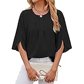 MANSY Womens Tops Dressy Casual Pleated Scoop Neck 3/4 Sleeve Summer Shirts Office Work Chiffon Blouses