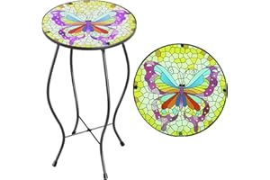 Paytonture Patio Side Table Outdoor Mosaic Table Accent Coffee Table,End Table Small Porch Colorful Butterfly Indoor,Round Glass Balcony Small Porch Plant Stands for Garden Patio Living Room 14 Inch