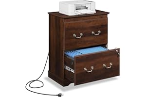 DEVAISE 2 Drawer File Cabinet,Lateral Vintage Farmhouse Wood Filing Cabinet with Lock & Charging Station for Letter/Legal/A4 Size, Brown Oak