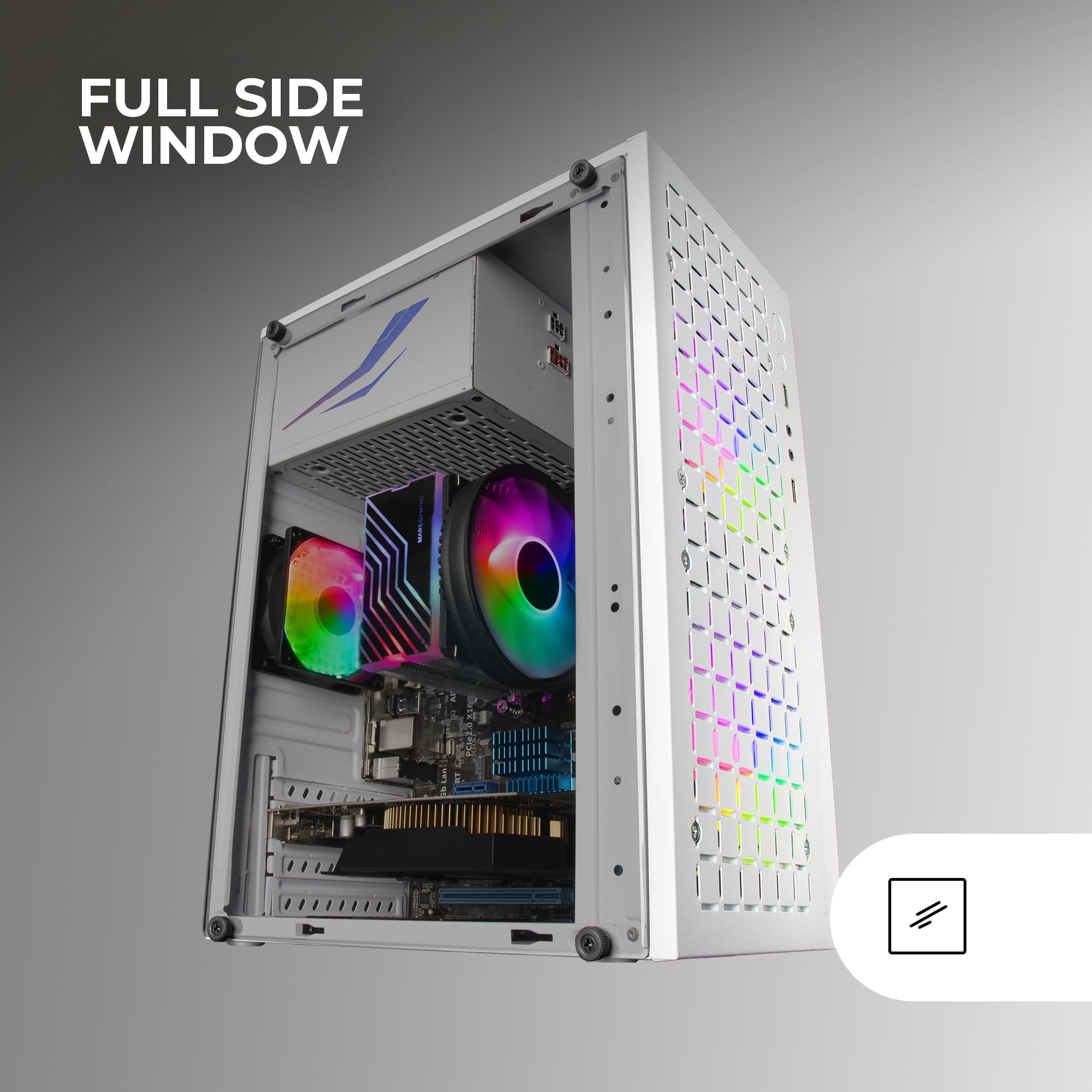 Mars Gaming MC-CORE, Ultrakompaktes MicroATX Gaming-Gehäuse, Frontdesign Metal-Mesh, 2X FRGB 120mm Lüfter, Seitliches Vollfenster, Mini-Tower PC mit USB 3.0, Weiß 4