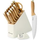 Hancorys Knife Set, 15 PCS Kitchen Knife Set with Block and Sharpener | German Stainless Steel Gold Chef Knives Set with Ergonomic Wood Grain Handle, Ultra Sharp Cooking Knives Utensils Set