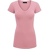 Lock and Love Women's Basic Slim Fitted Short Sleeve Casual V Neck Cotton T Shirt