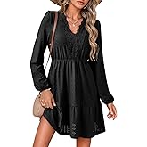 Dokotoo Spring Dresses for Women 2026 Elegant Lace Hollow Out Embroidered V Neck Long Sleeve Casual A-Line Swing Mini Dress