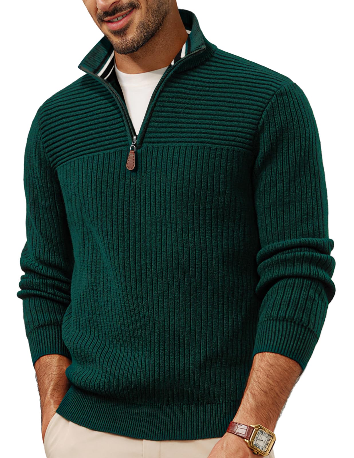 Photo 1 of WOMANS Quarter Zip Pullover Long Sleeve Casual Warm Thick Sweater Stripe Knitted Texture Dress Sweater Dark Green SIMILAR TO PHOTO