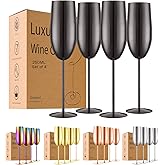 UNISWEET Stainless Steel Champagne Flutes Set of 4-Wedding &Birthday Gifts,8.5 Oz Unbreakable Champagne Glass with Long Stem,Reusable Indoor Outdoor Drinkware (Black)