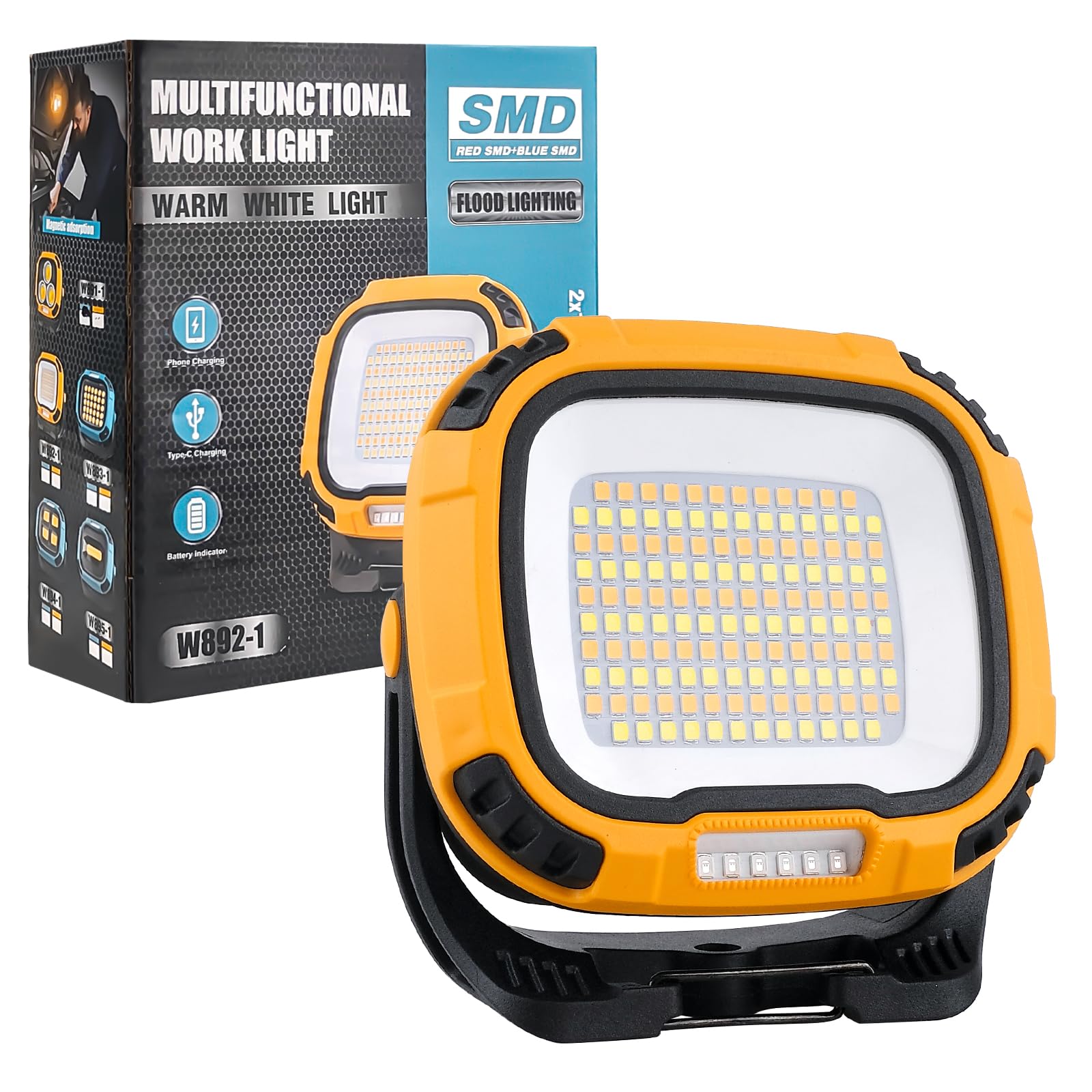 T-SUN 60W Work Lights Portable Rechargeable, 2000LM LED Rechargeable Work Lights with 3 Colour temperatures & 4 Brightness Levels and Super Magnetic Suction for Yard, Garage, Fishing, Hiking (Yellow)