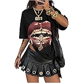 Verdusa Women's Y2k Lips Print Graphic T Shirts Rave Hip Hop Tees Streetwear Going Out Tops