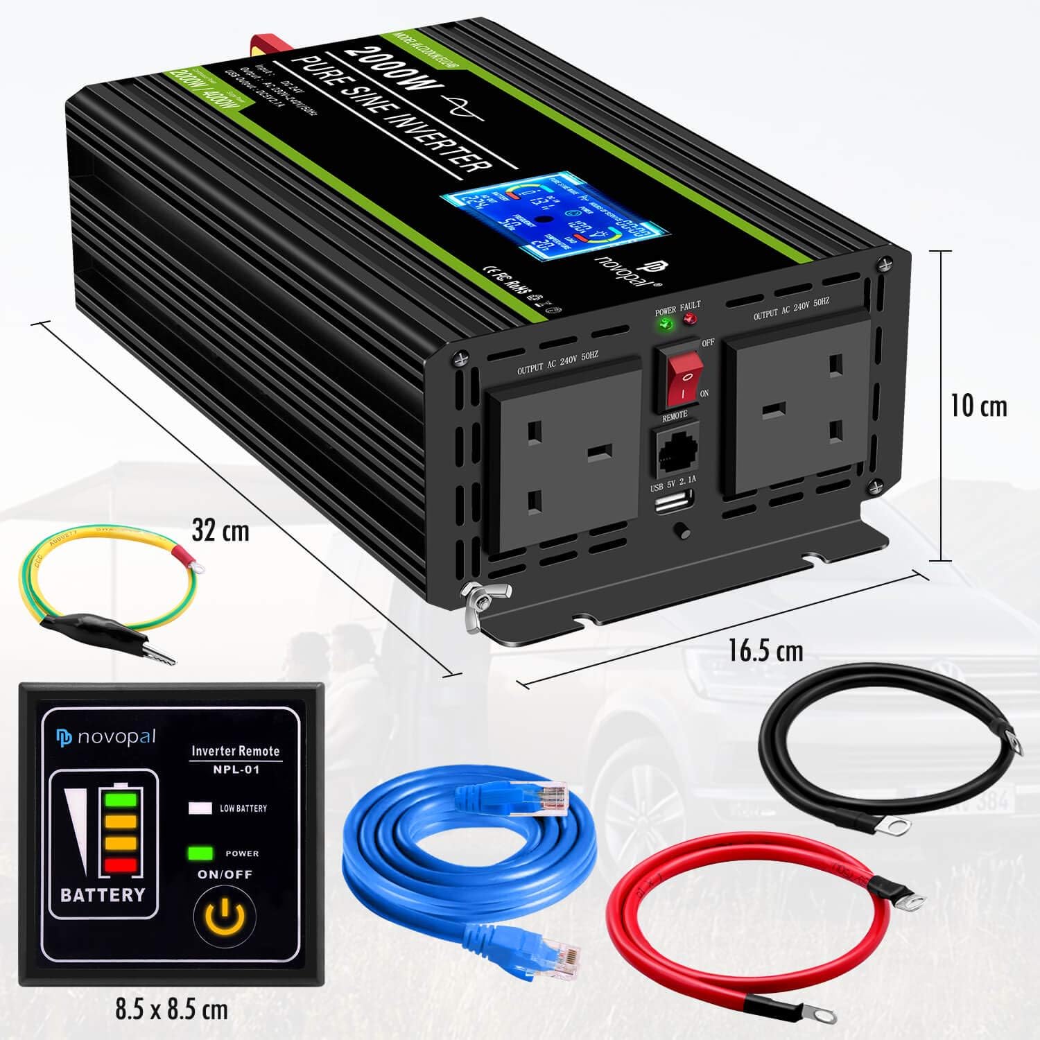 NOVOPAL 2000W Pure Sine Wave Inverter 24V to 230V 240V Car Power Converter with LCD Display - Image 3