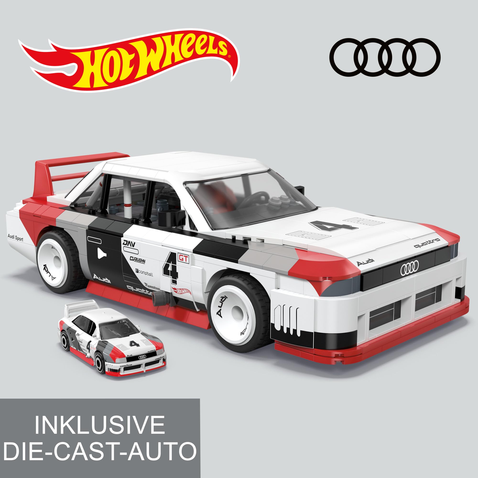 MEGA Hot Wheels zusammenbaubares Autospielzeug zum Sammeln, Audi 90 Quattro IMSA GTO mit 973 Teilen und Die-Cast-Modell, Set für Sammler zum Zusammenbauen und Präsentieren, rot, HRY20 4