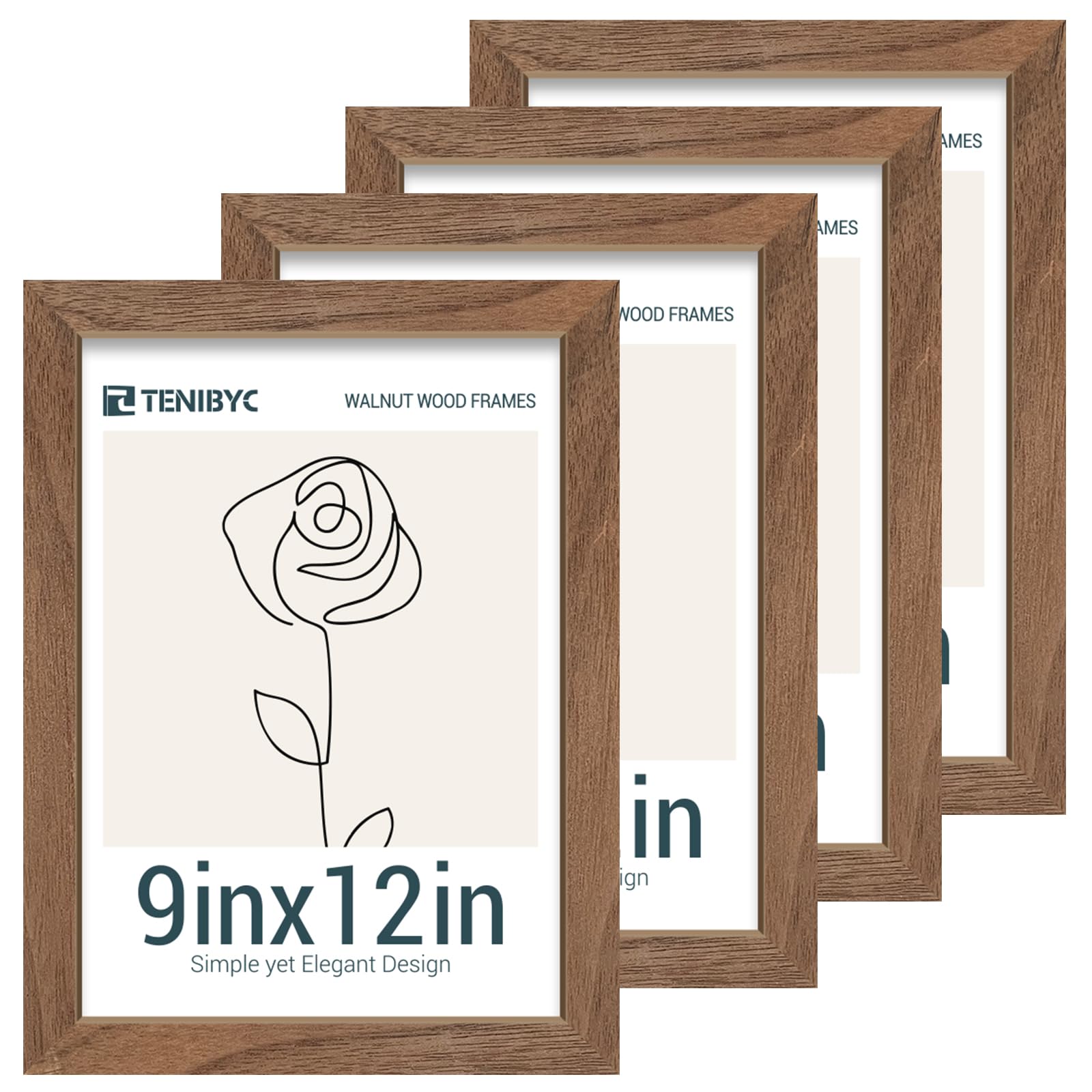 TENIBYC 9x12 Frame 4 Pack - Brown Woodgrain, HD Tempered Glass, Natural Walnut Picture Frame 9 x 12, Table or Wall Display