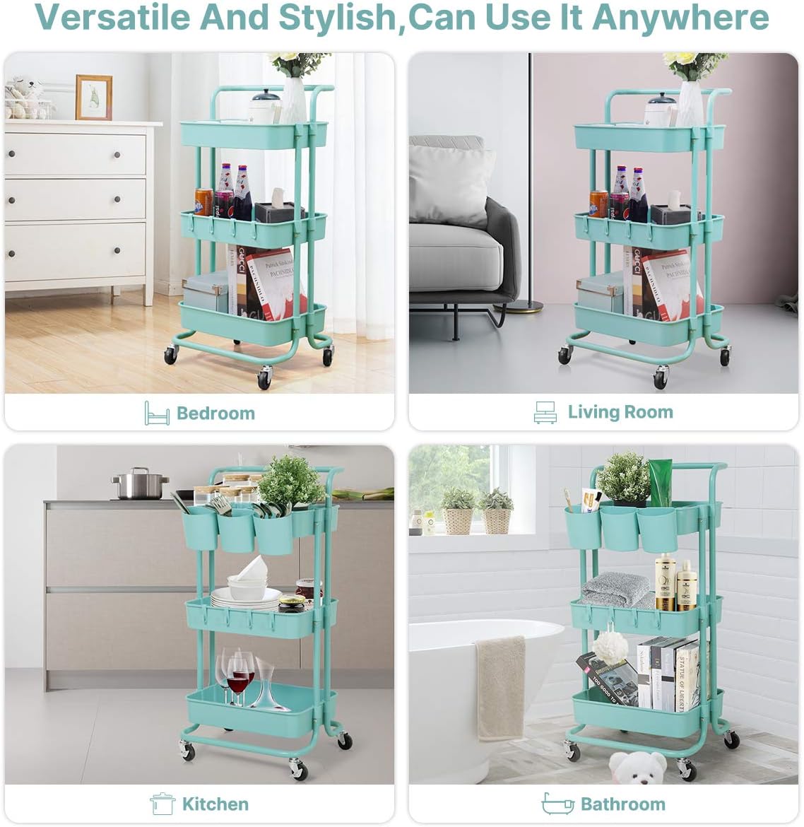 3 Tier Storage Cart, Rolling Cart，Kitchen Storage Cart, Painting Cart, Trolley Adjustable Makeup Cart with Handle/Hanging Cups/Hooks/Wheels for Bedroom/Bathroom, Teacher Cart: Kitchen & Dining