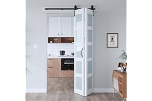 EaseLife 48"x 84" (Double 24" x 84") Bifold Barn Door, Bifold Sliding Barn Door with Hardware Kit, Solid MDF Wood Slab Covered with Water-Proof PVC Surface, Frosted Glass Panel, Assembly Required